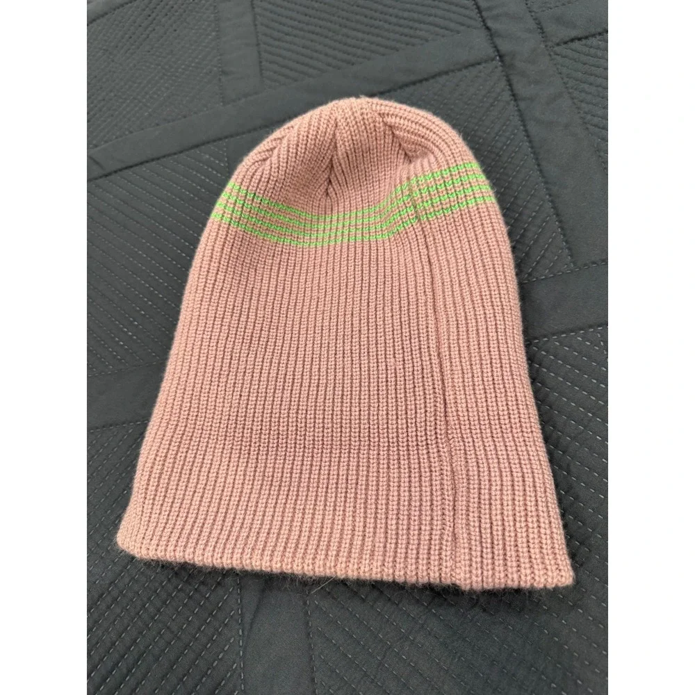 Autumn x Evo Knit Beanie Hat Dusty Rose Pink Green Striped Ribbed Cuff Watch Cap